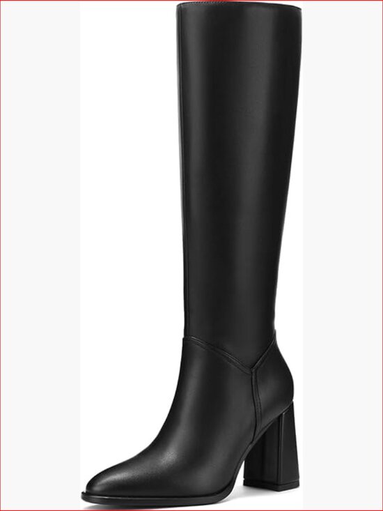 Shoes - Knee High Boots with Chunky Heel Pointed Toe Side Zipper Polyurethane